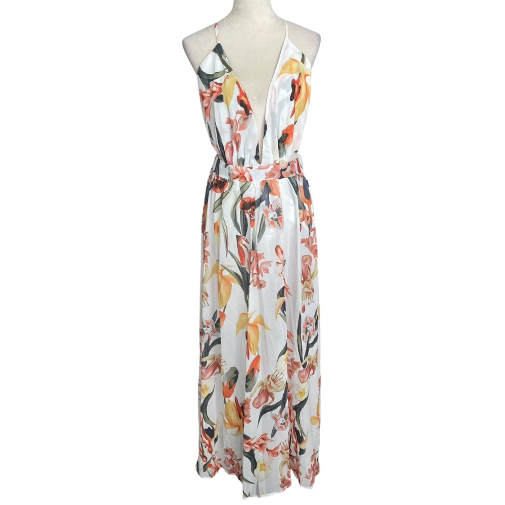 Floral Maxi Dress S/M Chiffon White Orange Fairy Faerie Whimsy Feminine Romantic